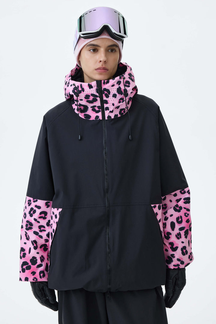 Women's Cow Print Contrast-Panel Insulated Snow Jacket