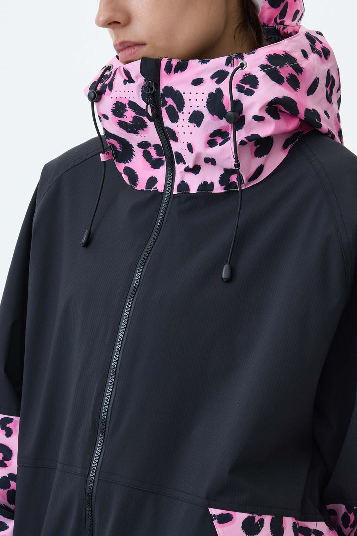 Women's Black & Pink Leopard Contrast-Panel Insulated Snow Jacket