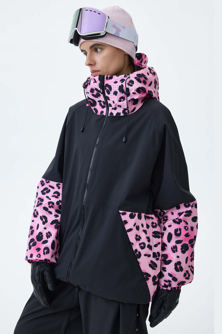 Women's Cow Print Contrast-Panel Insulated Snow Jacket