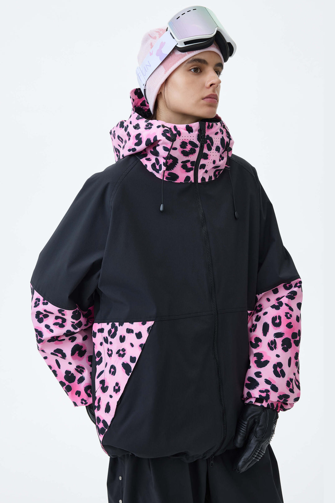 Women's Black & Pink Leopard Contrast-Panel Insulated Snow Jacket