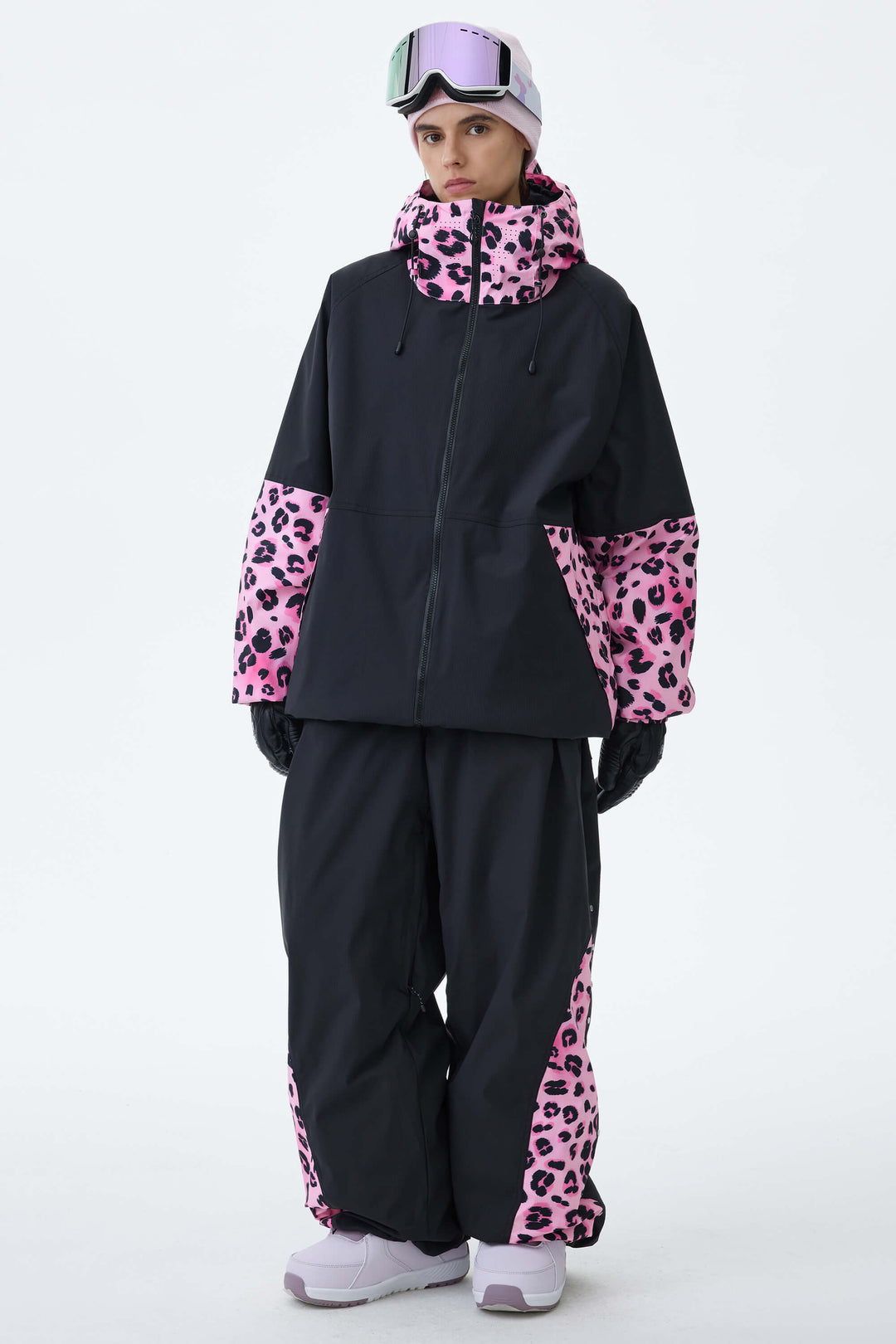 Women's Black & Pink Leopard Contrast-Panel Insulated Snow Jacket