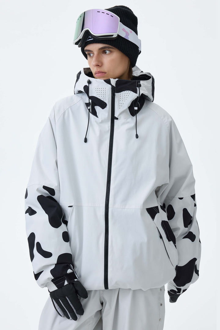 Women's Cow Print Contrast-Panel Insulated Snow Jacket