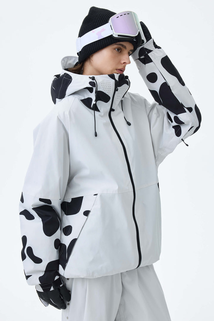 Women's Cow Print Contrast-Panel Insulated Snow Jacket