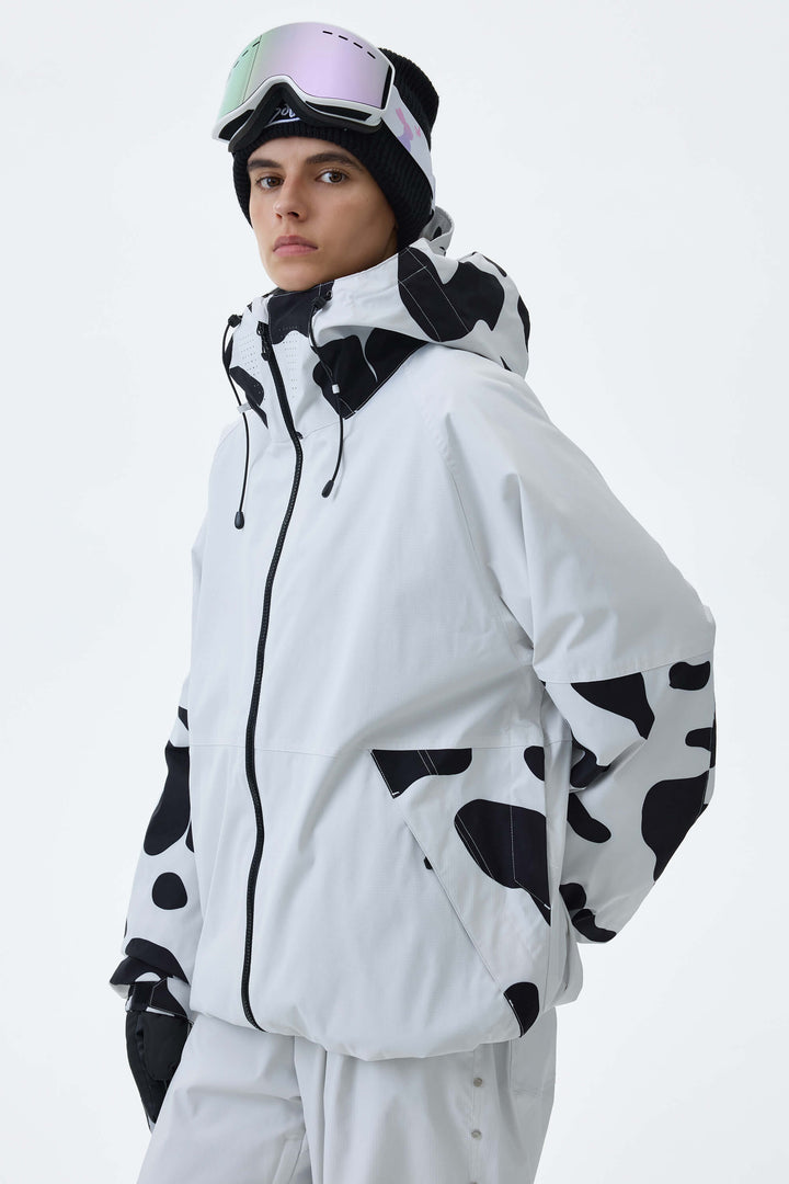 Women's Cow Print Contrast-Panel Insulated Snow Jacket