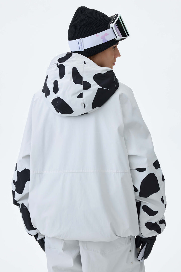 Women's Cow Print Contrast-Panel Insulated Snow Jacket