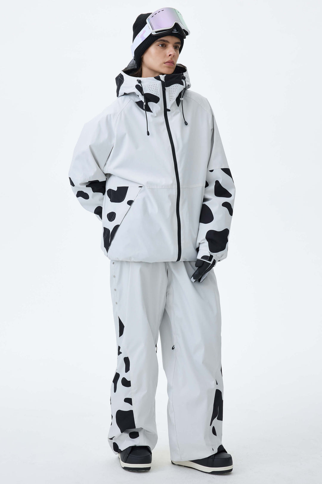 Women's Cow Print Contrast-Panel Insulated Snow Jacket