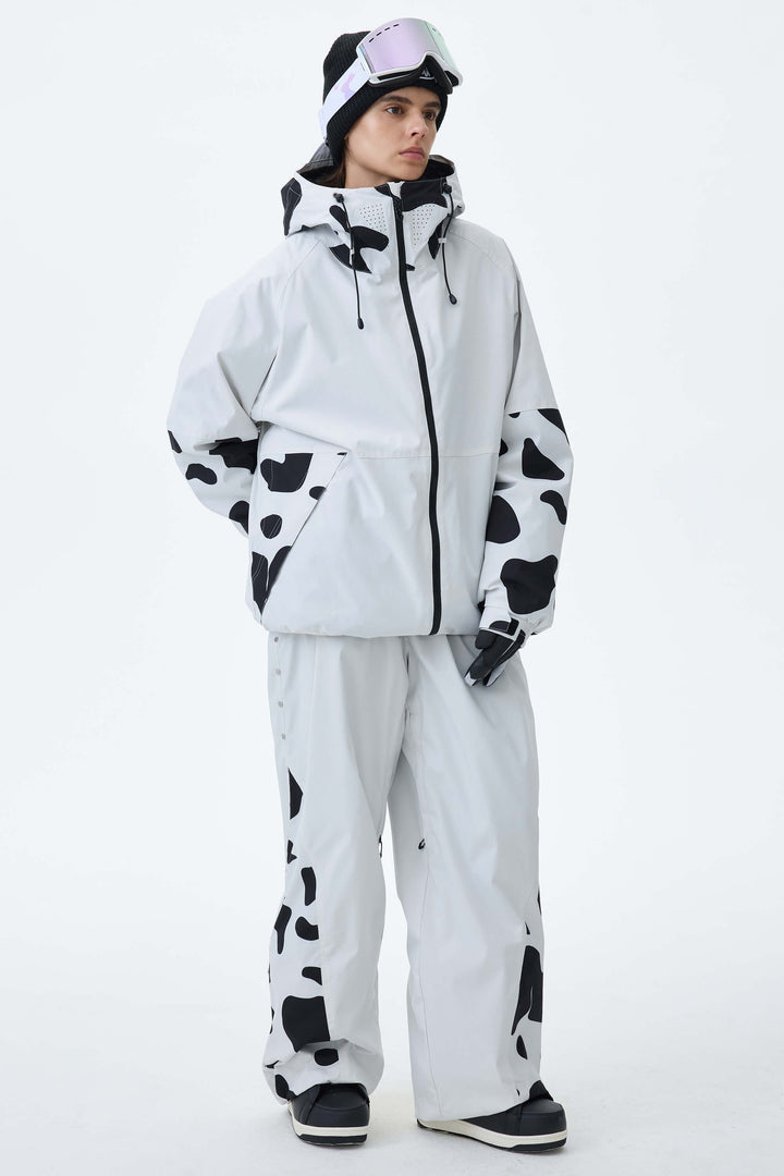 Women's Cow Print Contrast-Panel Insulated Snow Jacket