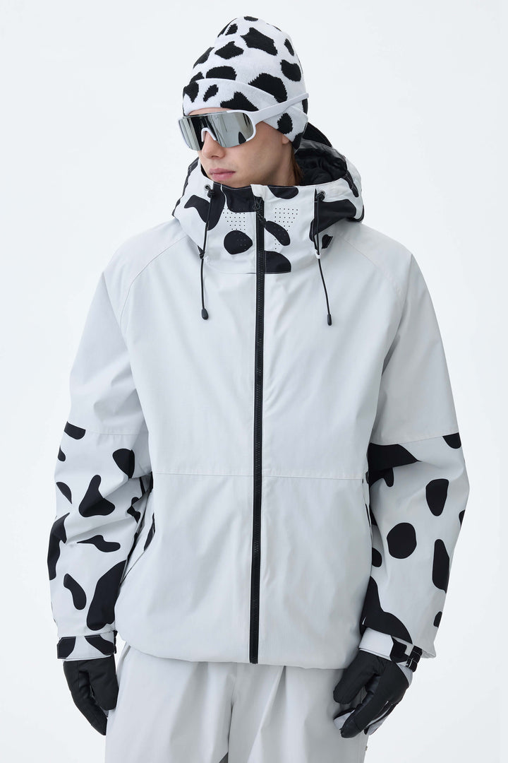 Men's Oat Milk & Leopard Contrast-Panel Insulated Snow Jacket