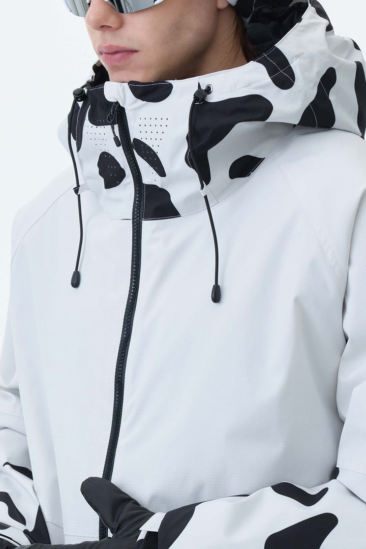 Men's Cow Print Contrast-Panel Insulated Snow Jacket
