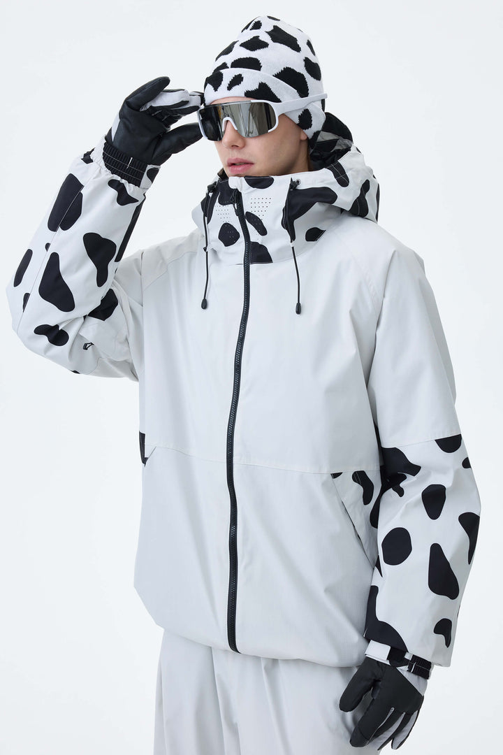 Men's Oat Milk & Leopard Contrast-Panel Insulated Snow Jacket