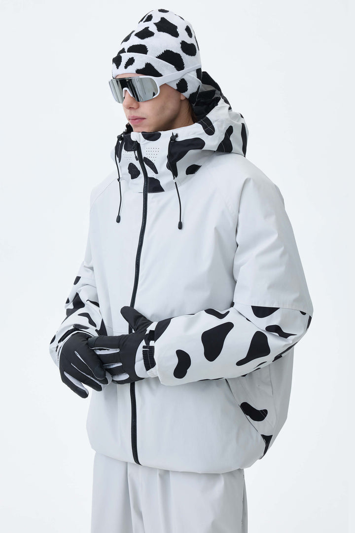 Men's Cow Print Contrast-Panel Insulated Snow Jacket