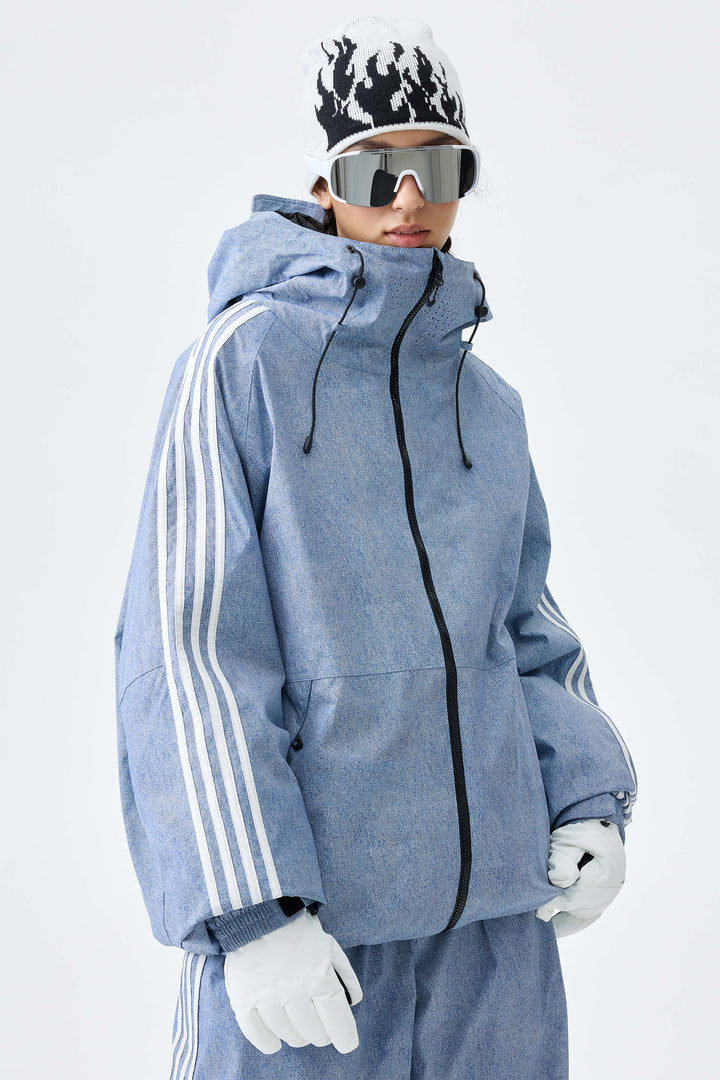 Women's Black Retro Track Stripe Insulated Snow Jacket