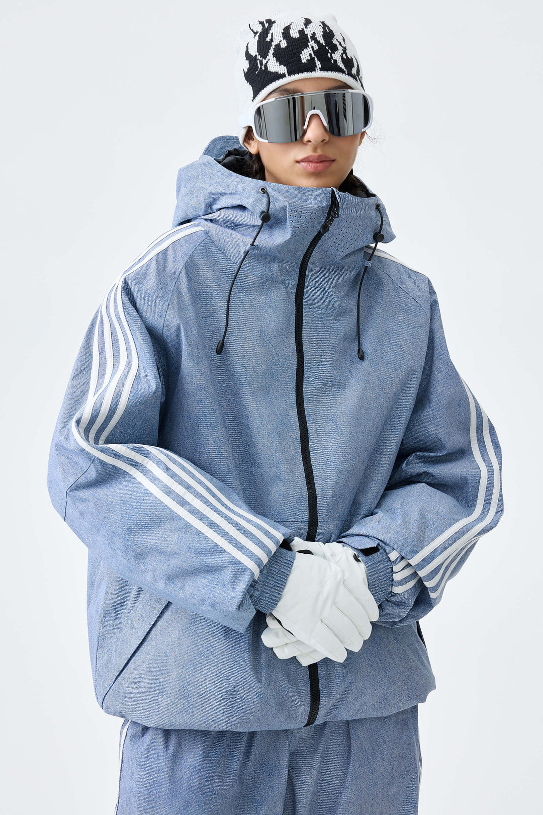 Women's Heather Blue Retro Track Stripe Insulated Snow Jacket
