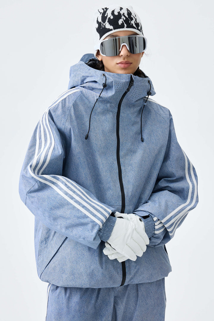 Women's Heather Blue Retro Track Stripe Insulated Snow Jacket