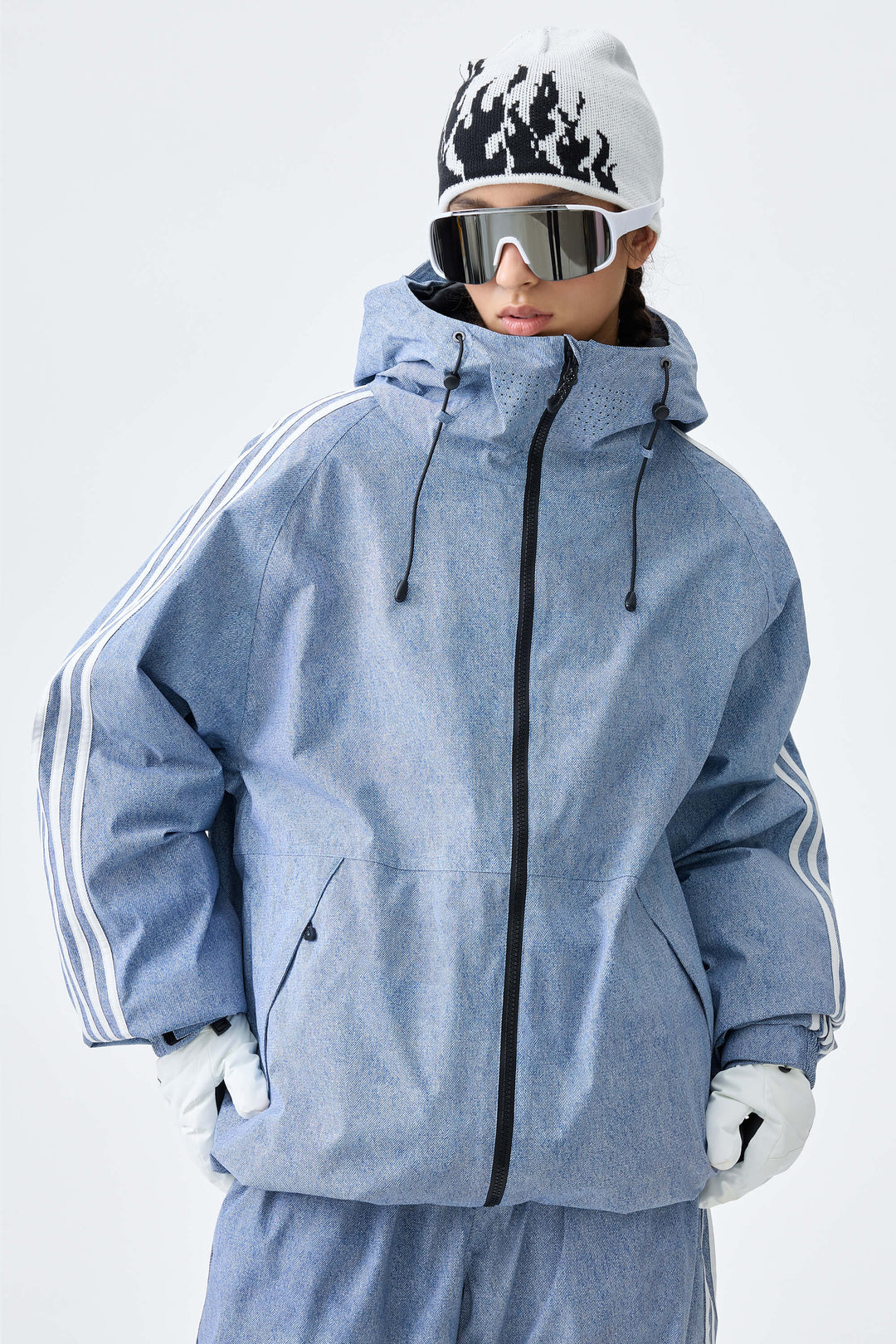 Women's Heather Blue Retro Track Stripe Insulated Snow Jacket