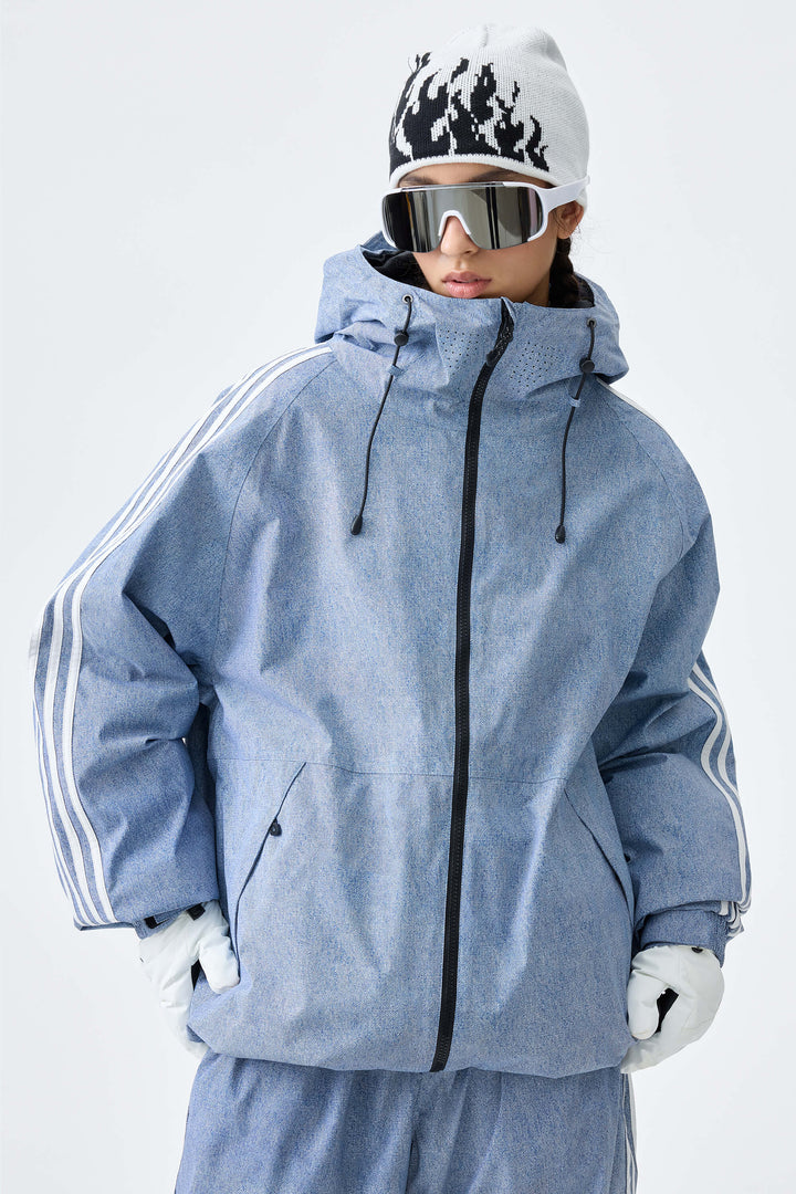 Women's Heather Blue Retro Track Stripe Insulated Snow Jacket