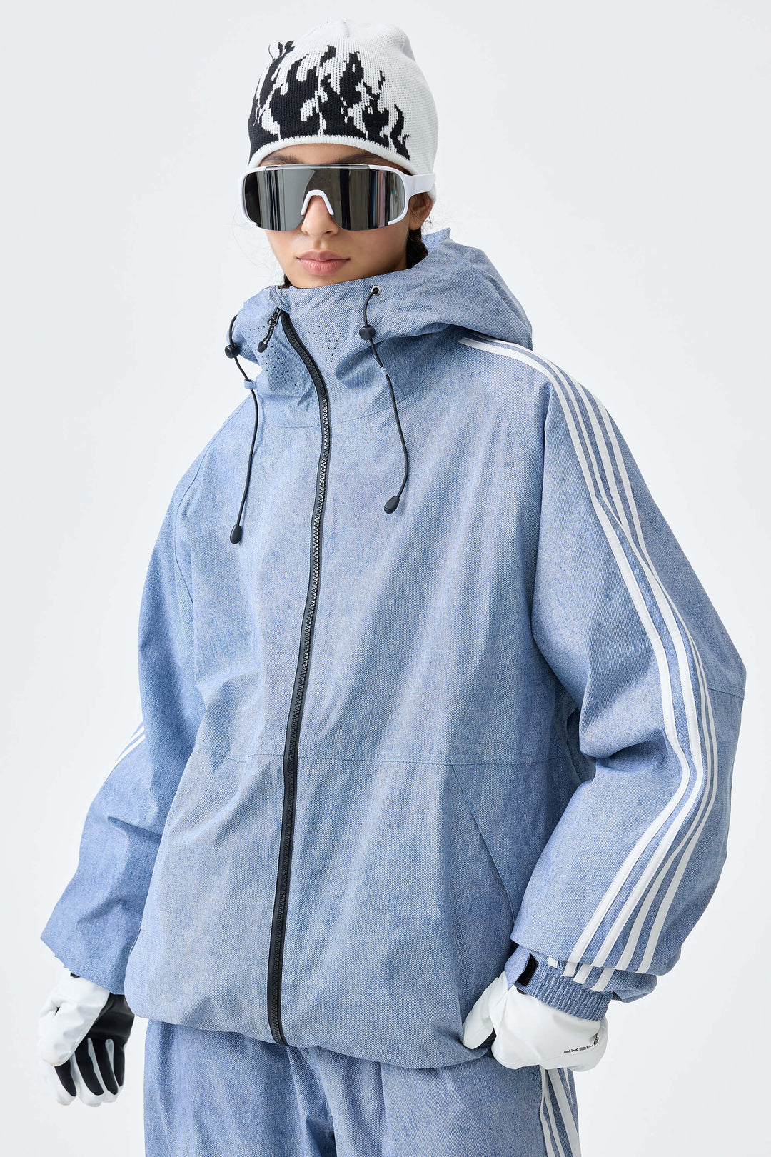 Women's Black Retro Track Stripe Insulated Snow Jacket