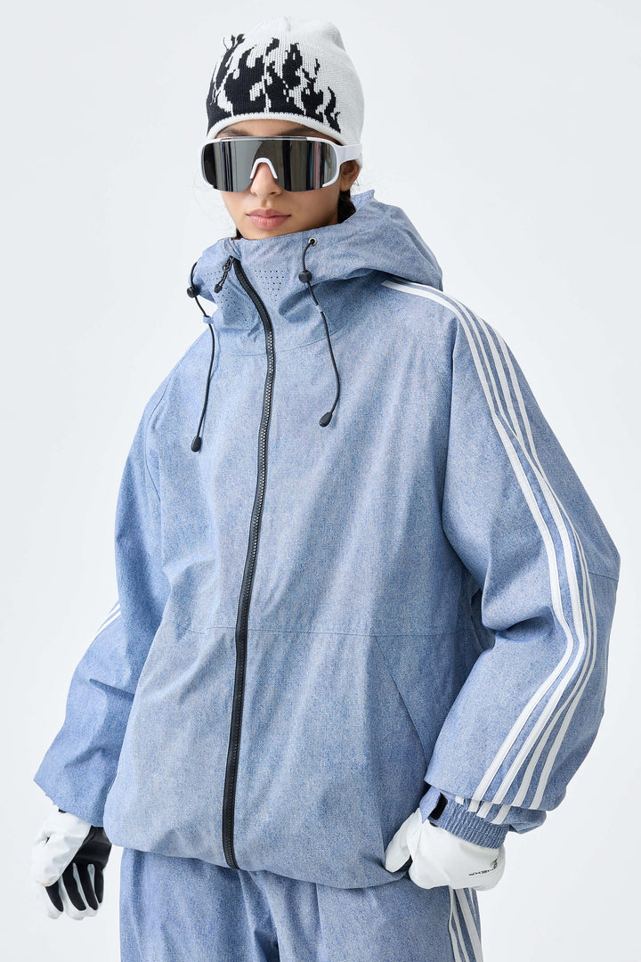 Women's Black Retro Track Stripe Insulated Snow Jacket