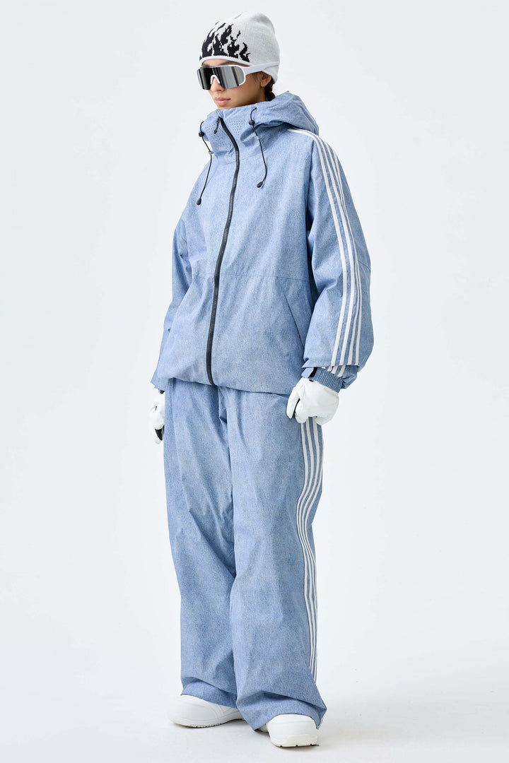 Women's Heather Blue Retro Track Stripe Insulated Snow Jacket