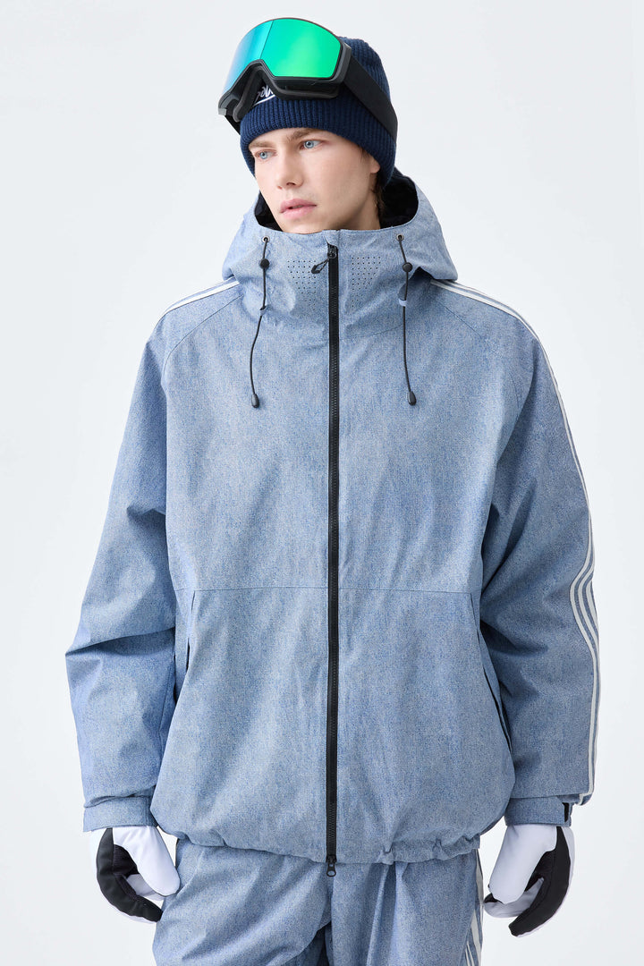 Men's Heather Blue Retro Track Stripe Insulated Snow Jacket