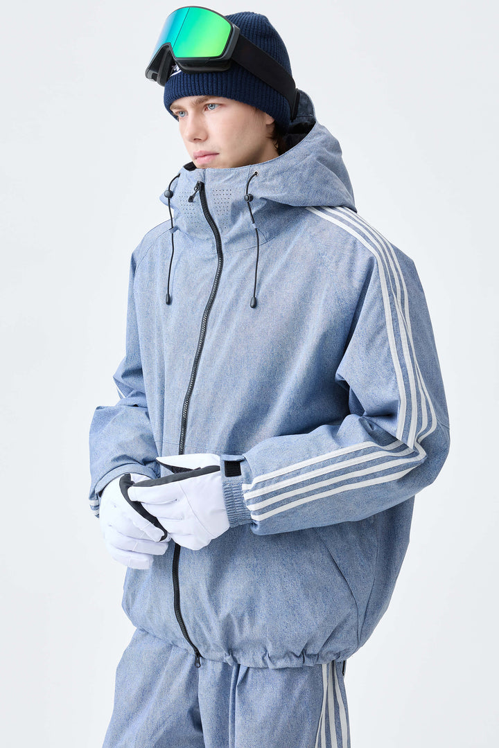 Men's Black Retro Track Stripe Insulated Snow Jacket