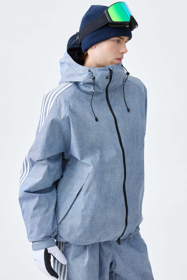 Men's Heather Blue Retro Track Stripe Insulated Snow Jacket