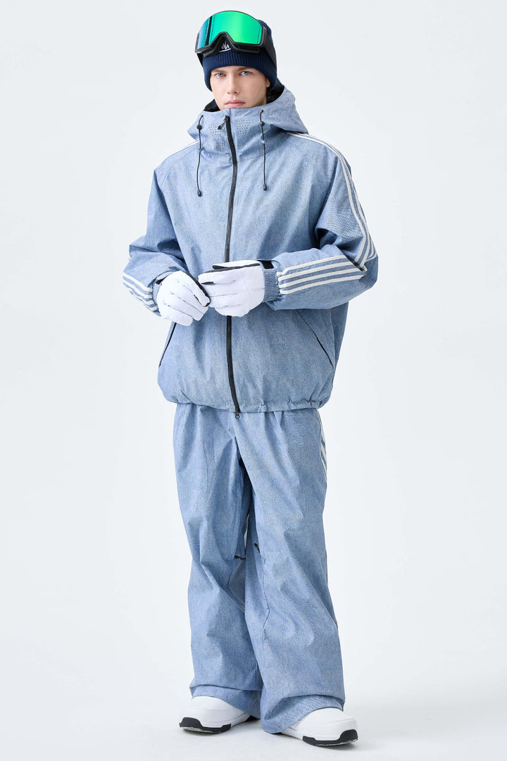 Men's Heather Blue Retro Track Stripe Insulated Snow Jacket