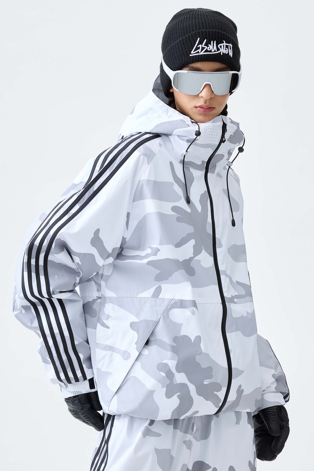 Women's Black Retro Track Stripe Insulated Snow Jacket