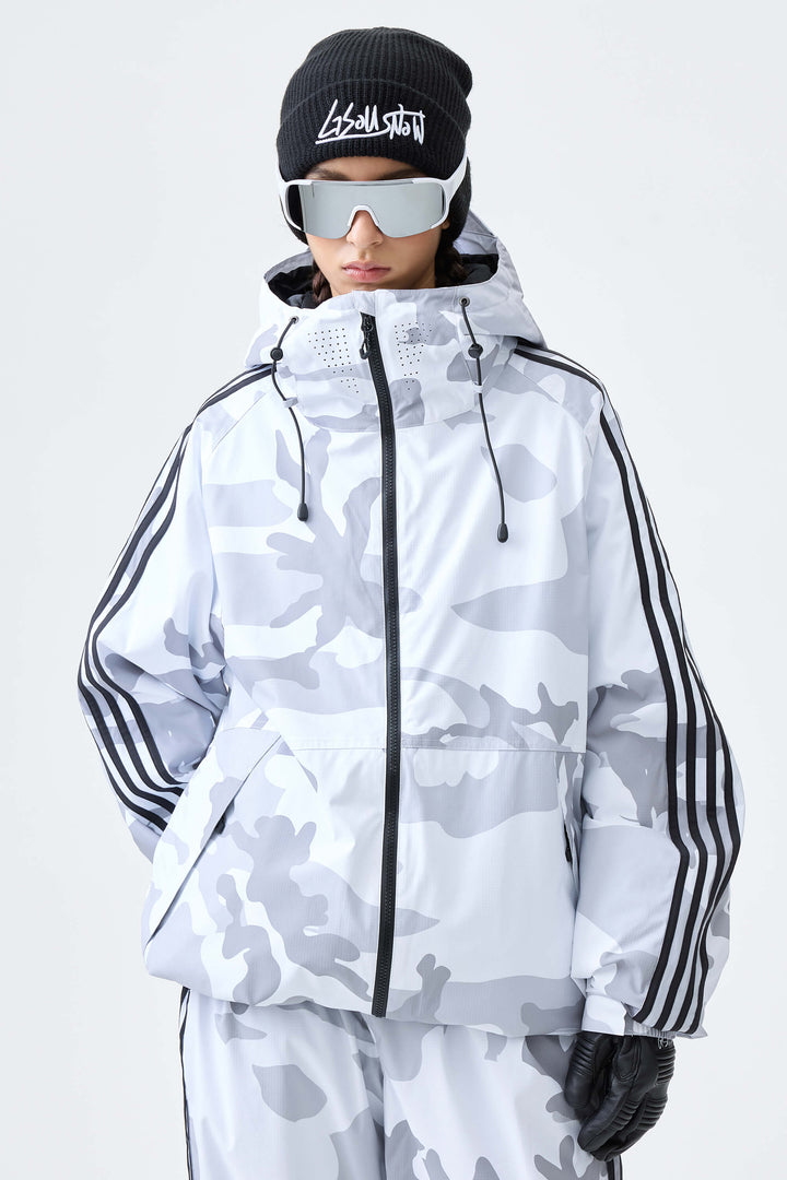 Women's Black Retro Track Stripe Insulated Snow Jacket