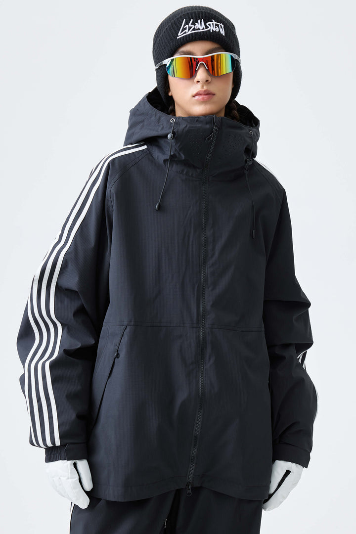 Women's Black Retro Track Stripe Insulated Snow Jacket