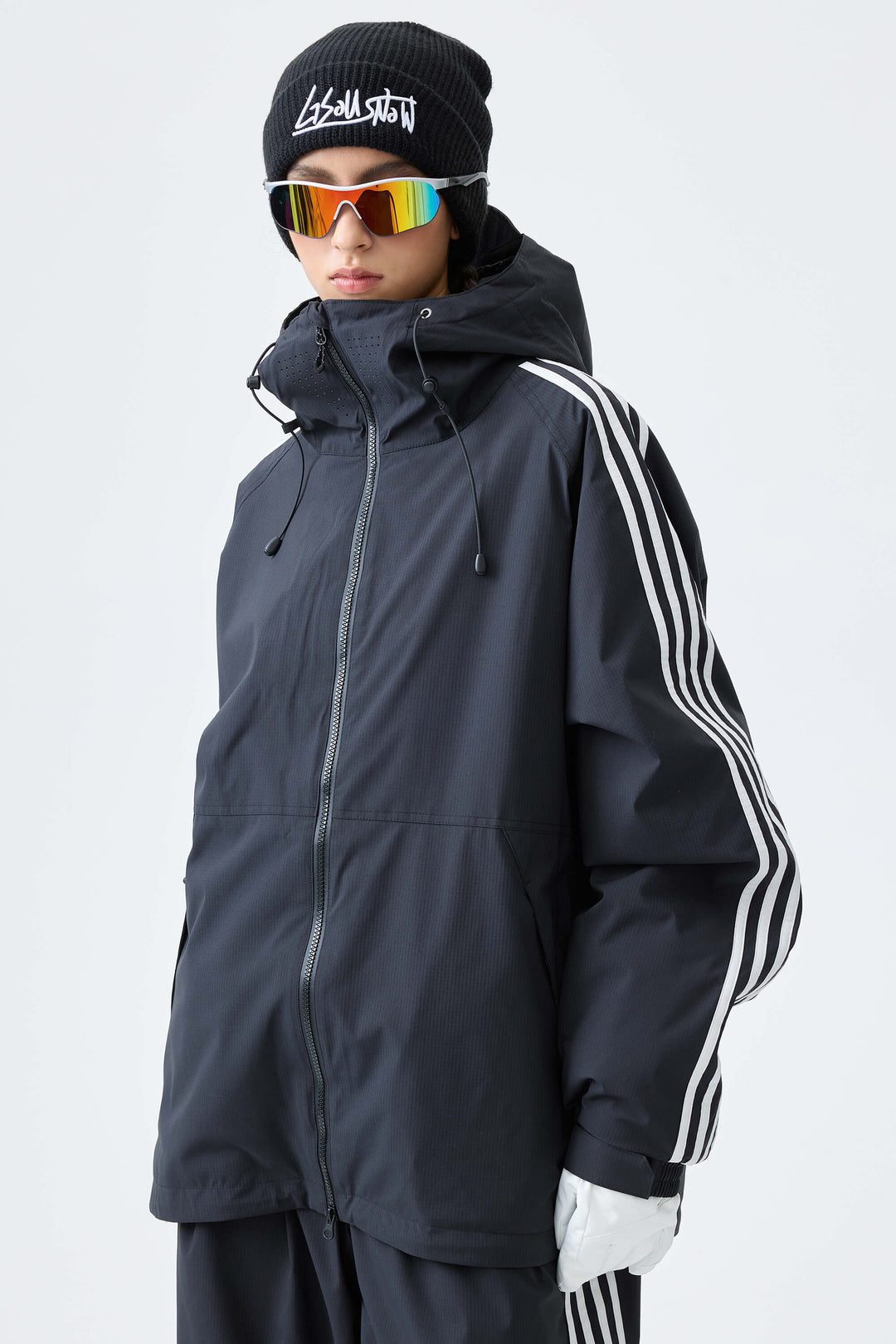 Women's Black Retro Track Stripe Insulated Snow Jacket
