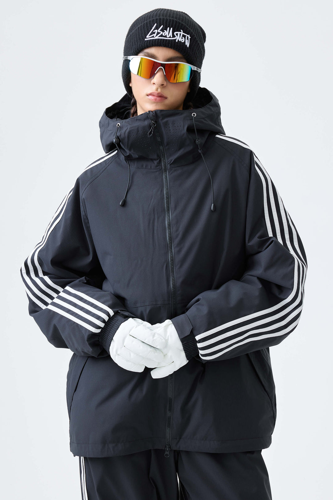 Women's Black Retro Track Stripe Insulated Snow Jacket