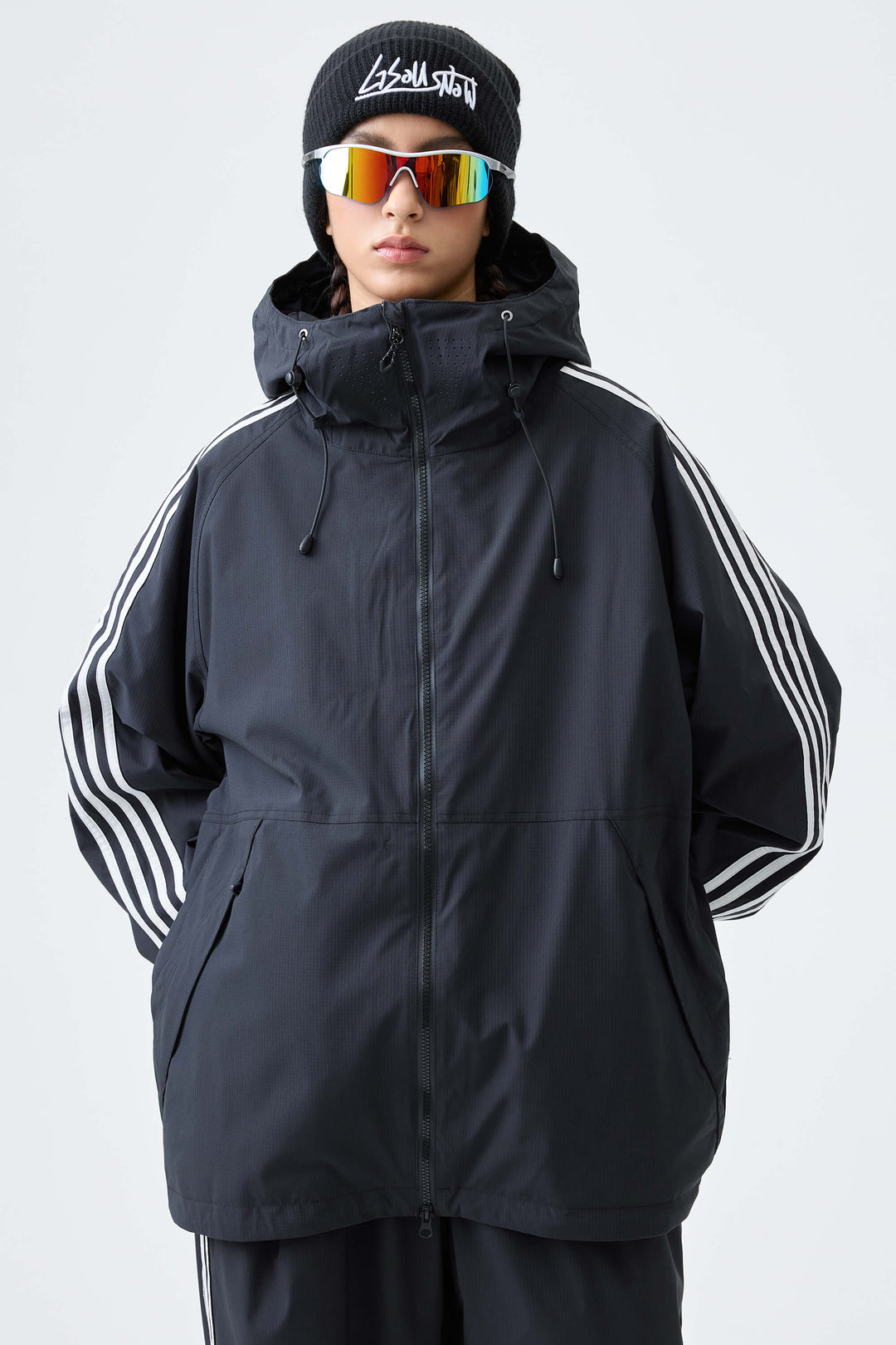 Women's Black Retro Track Stripe Insulated Snow Jacket