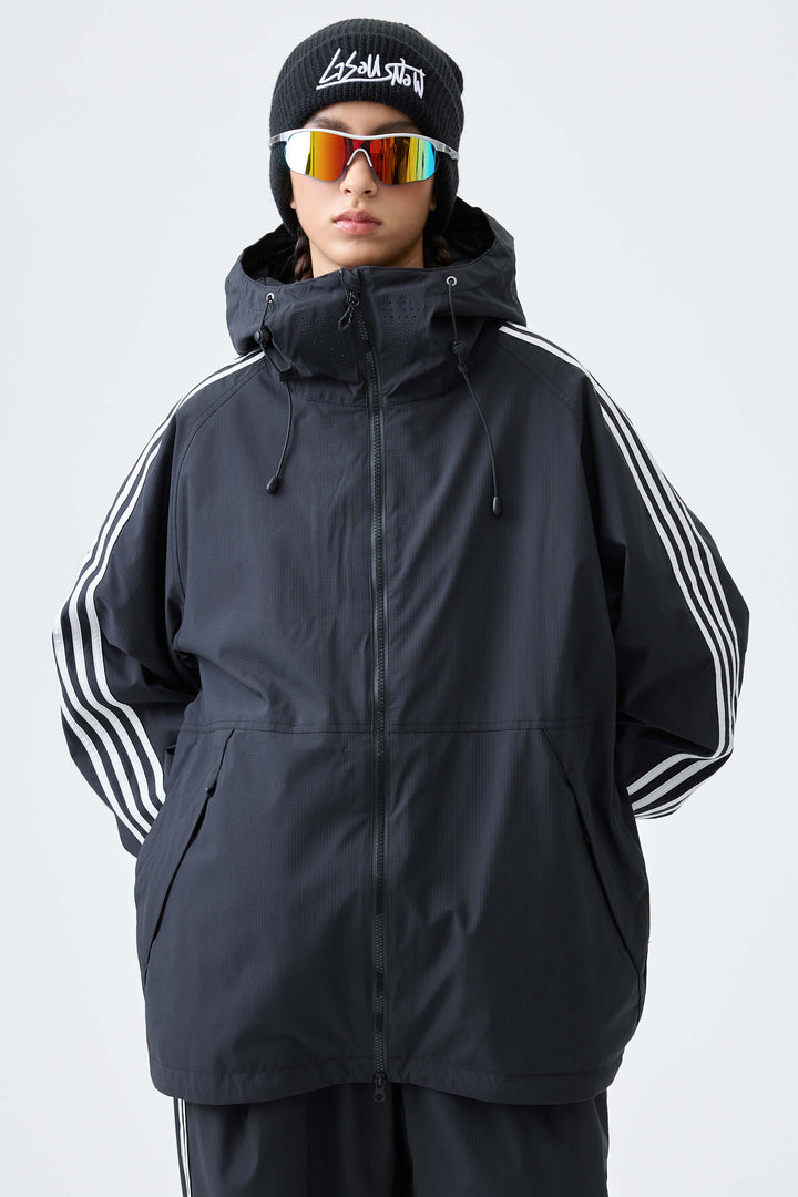 Women's Black Retro Track Stripe Insulated Snow Jacket