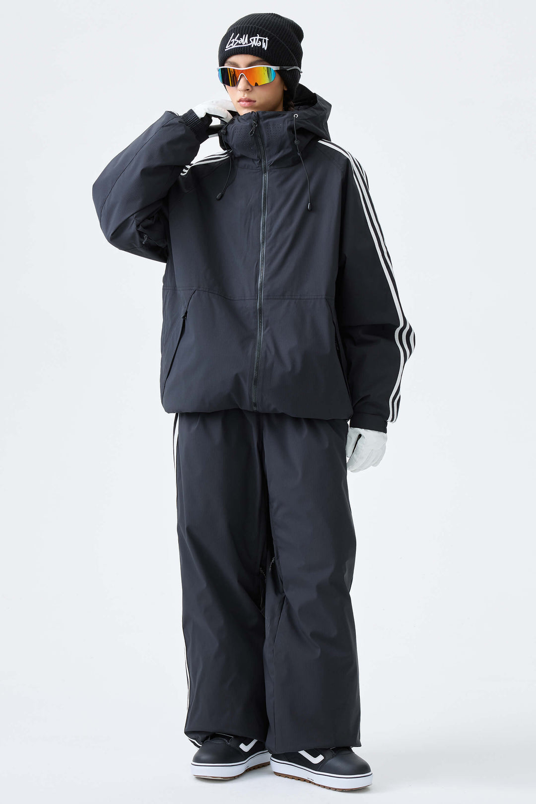 Women's Black Retro Track Stripe Insulated Snow Jacket