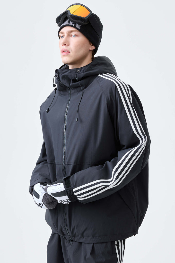 Men's Black Retro Track Stripe Insulated Snow Jacket