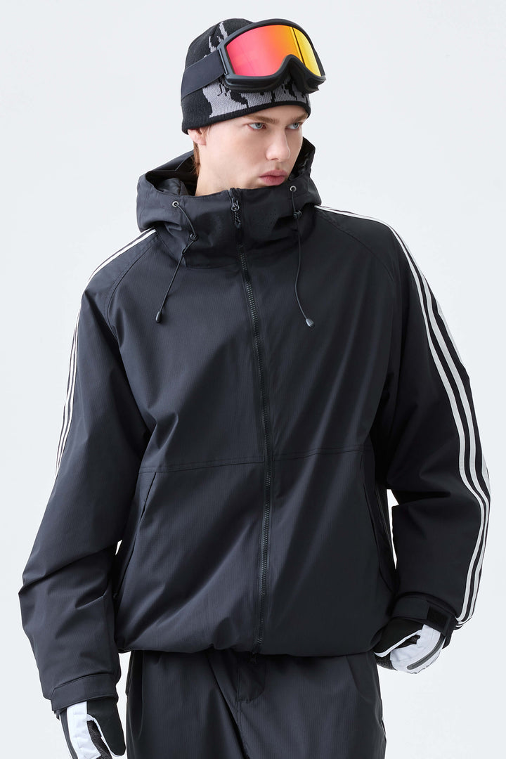 Men's Black Retro Track Stripe Insulated Snow Jacket