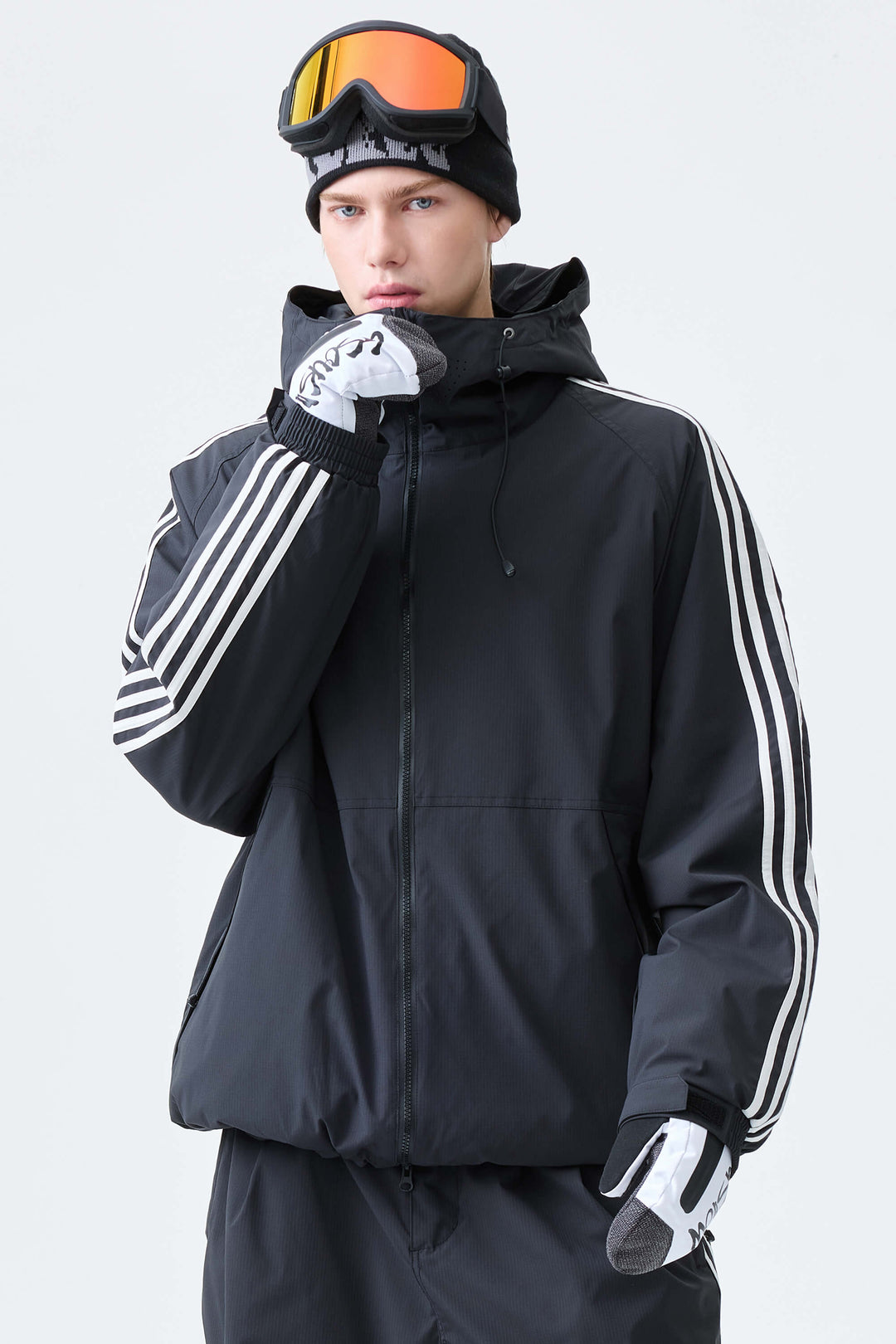 Men's Black Retro Track Stripe Insulated Snow Jacket