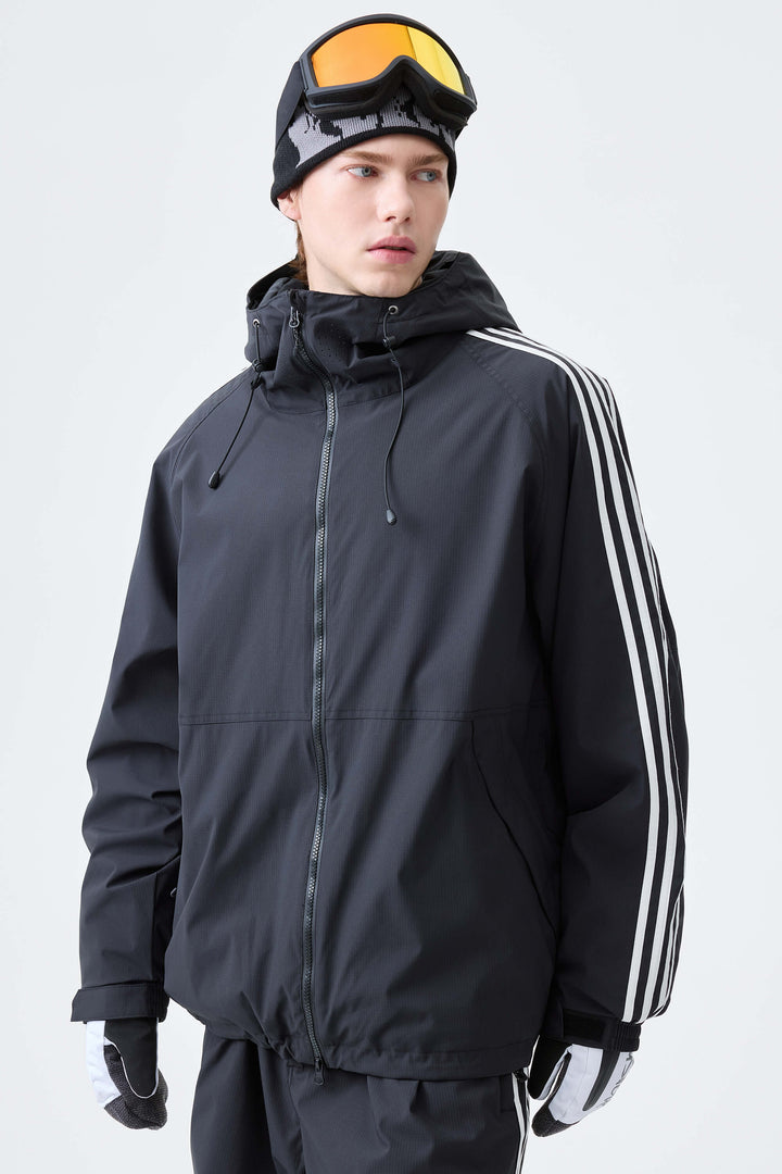 Men's Black Retro Track Stripe Insulated Snow Jacket