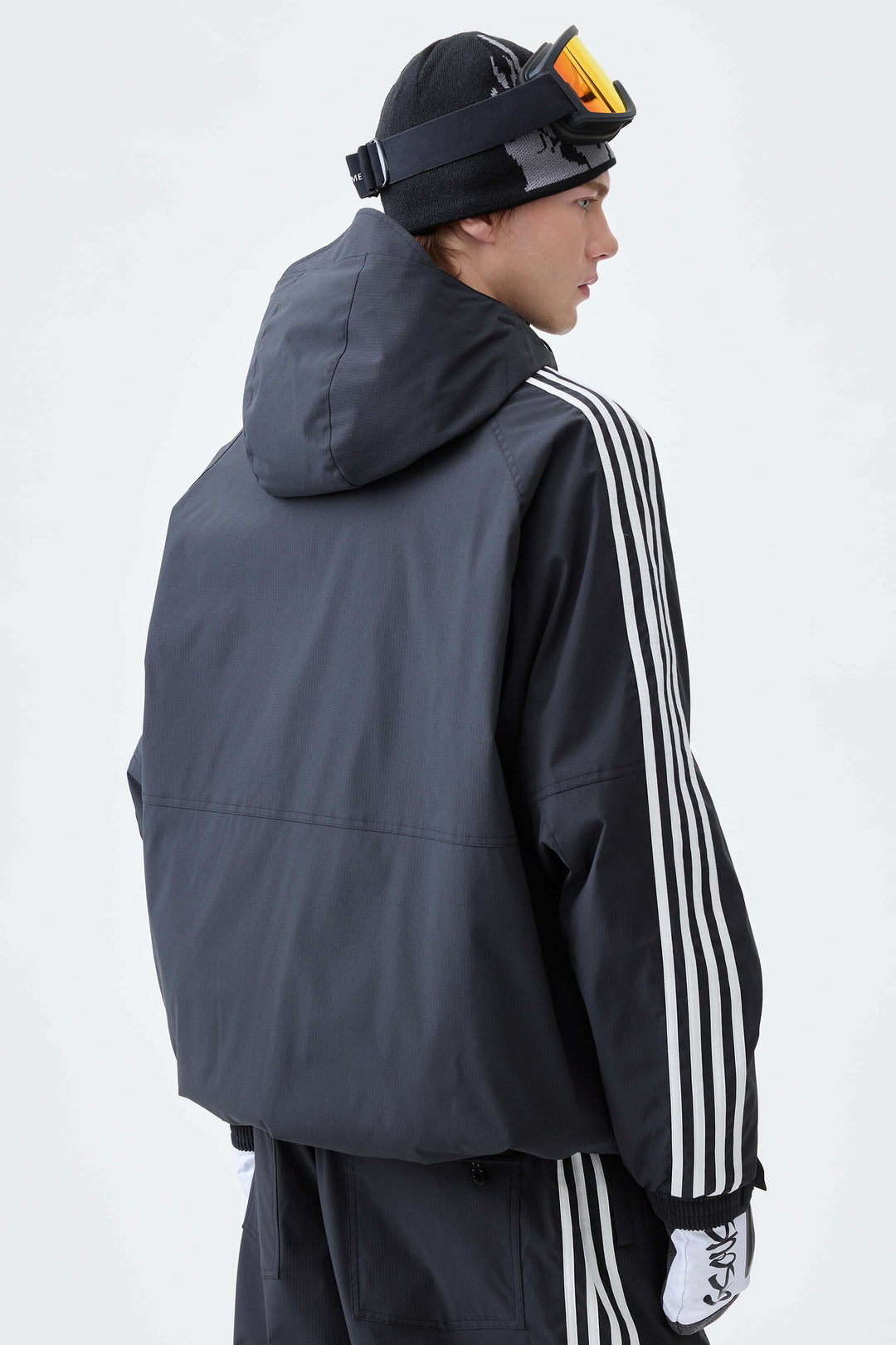 Men's Black Retro Track Stripe Insulated Snow Jacket