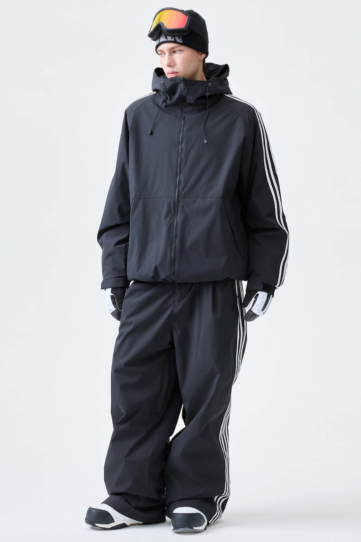 Men's Black Retro Track Stripe Insulated Snow Jacket