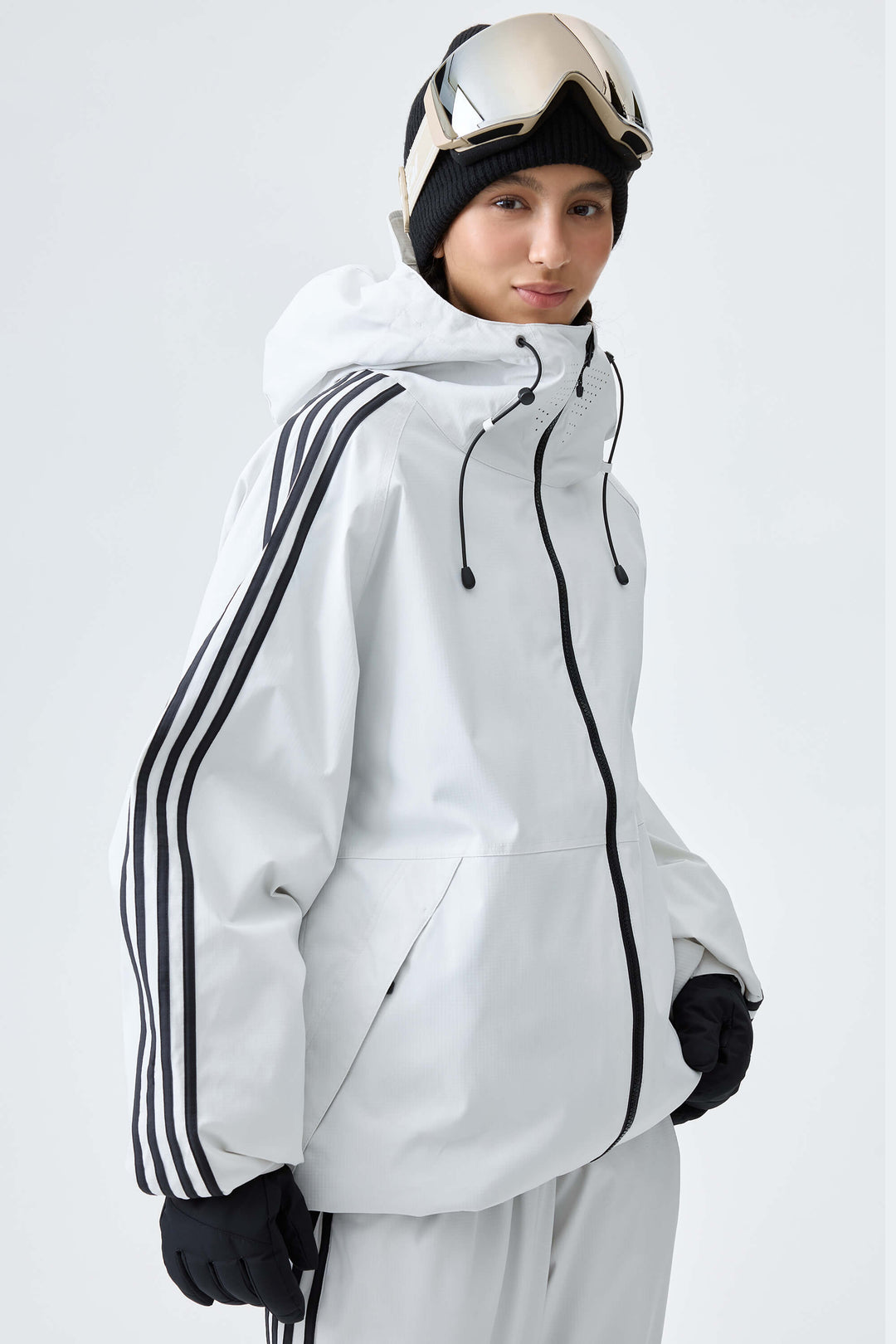 Women's Black Retro Track Stripe Insulated Snow Jacket