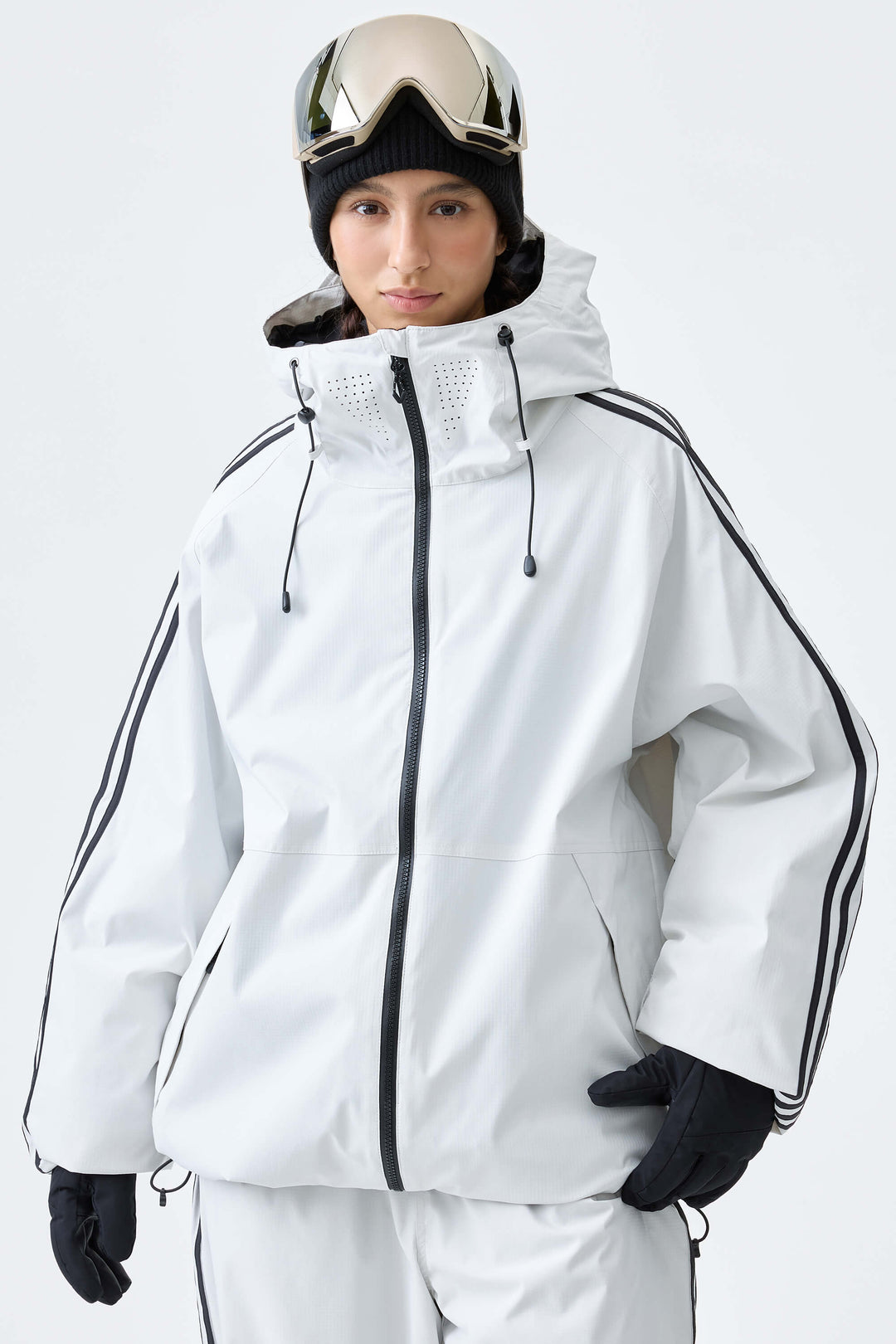 Women's Black Retro Track Stripe Insulated Snow Jacket