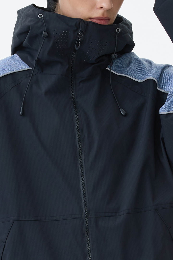 Women's Black & Washed Denim Contrast Panel Reflective Snow Jacket