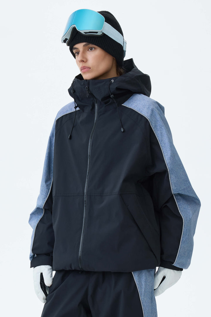 Women's Black & Washed Denim Contrast Panel Reflective Snow Jacket