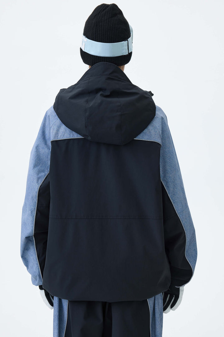 Women's Black & Washed Denim Contrast Panel Reflective Snow Jacket