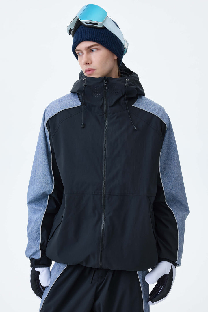 Men's Black & Washed Denim Contrast Panel Reflective Snow Jacket