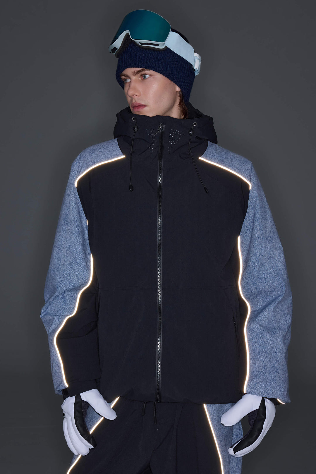 Men's Black & Washed Denim Contrast Panel Reflective Snow Jacket