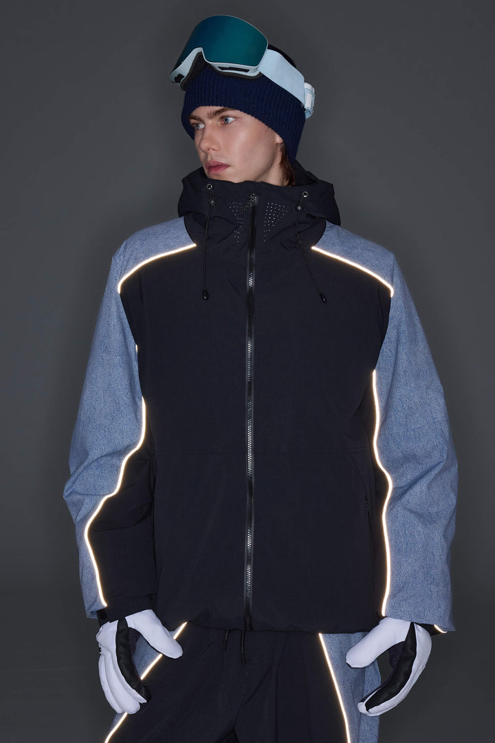 Men's Black & Washed Denim Contrast Panel Reflective Snow Jacket