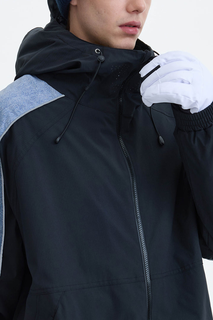 Men's Black & Washed Denim Contrast Panel Reflective Snow Jacket